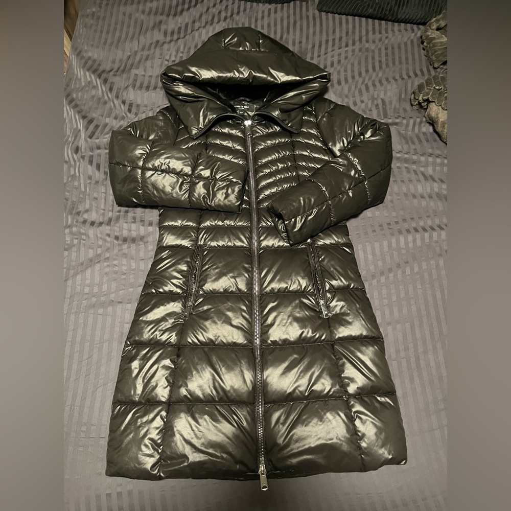 Kenneth Cole Women's Long Black Puffer Coat Fur Lined Foldover Hood Size Small